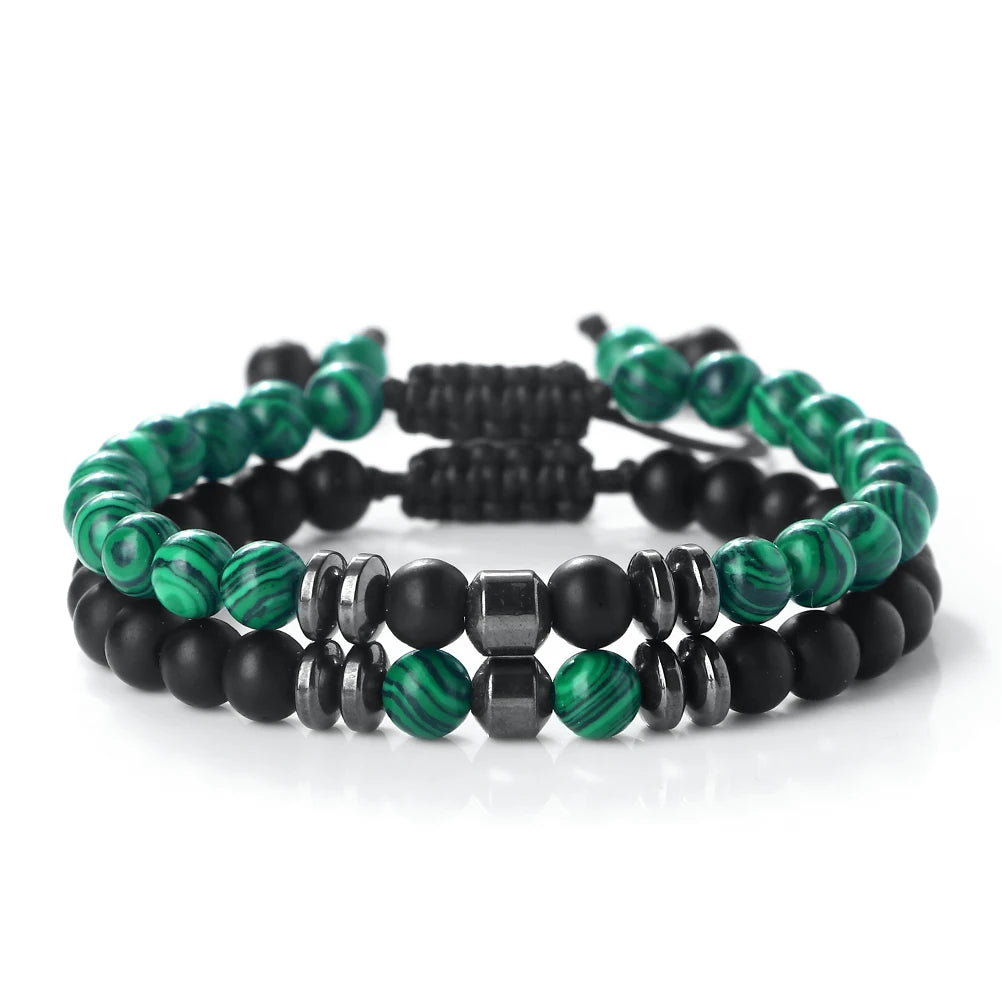 2-teiliges Naturstein-Armband-Set mit 6 mm Tigerauge- und Vulkanstein-Perlen