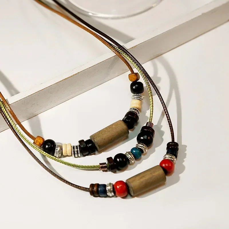 Doppellagige Lederband-Halskette, Retro Holzpendant im handgefertigten Look