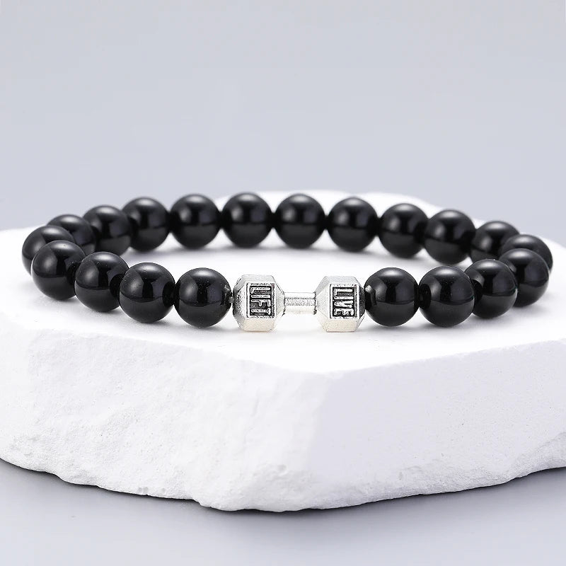 Lavastein-Armband mit Hantel-Anhänger – Fitness-Schmuck