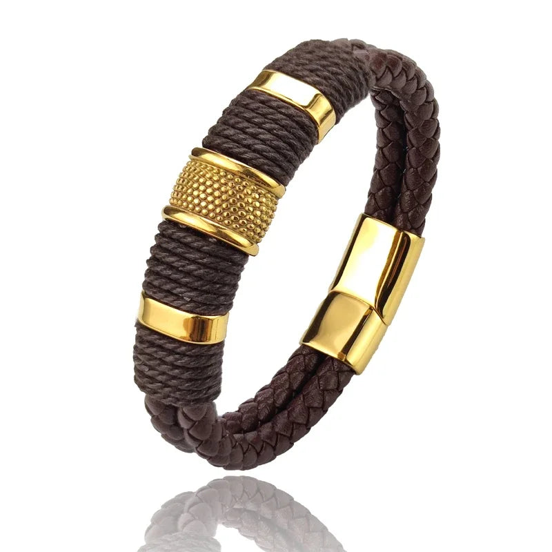 Braune Lederarmband mit Edelstahl‑Details, luxuriöses Accessoire