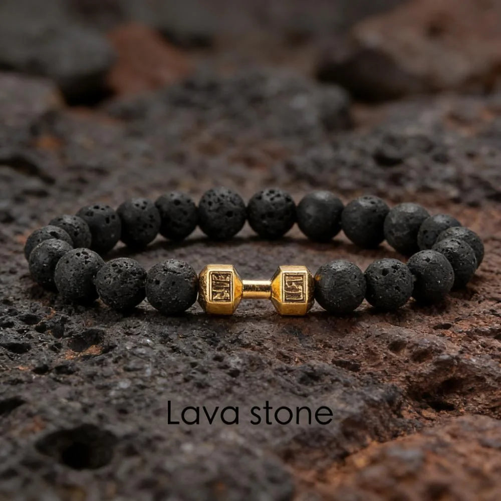 Lavastein-Armband mit Hantel-Anhänger – Fitness-Schmuck