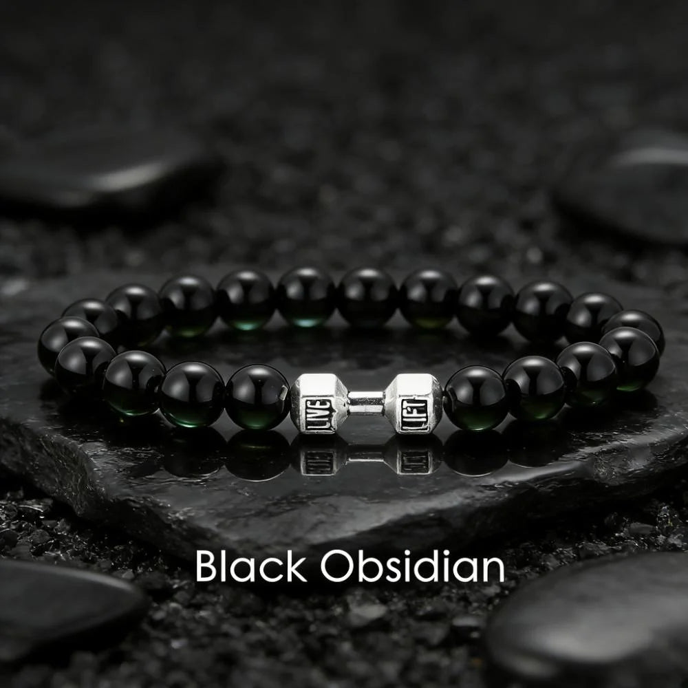 Lavastein-Armband mit Hantel-Anhänger – Fitness-Schmuck