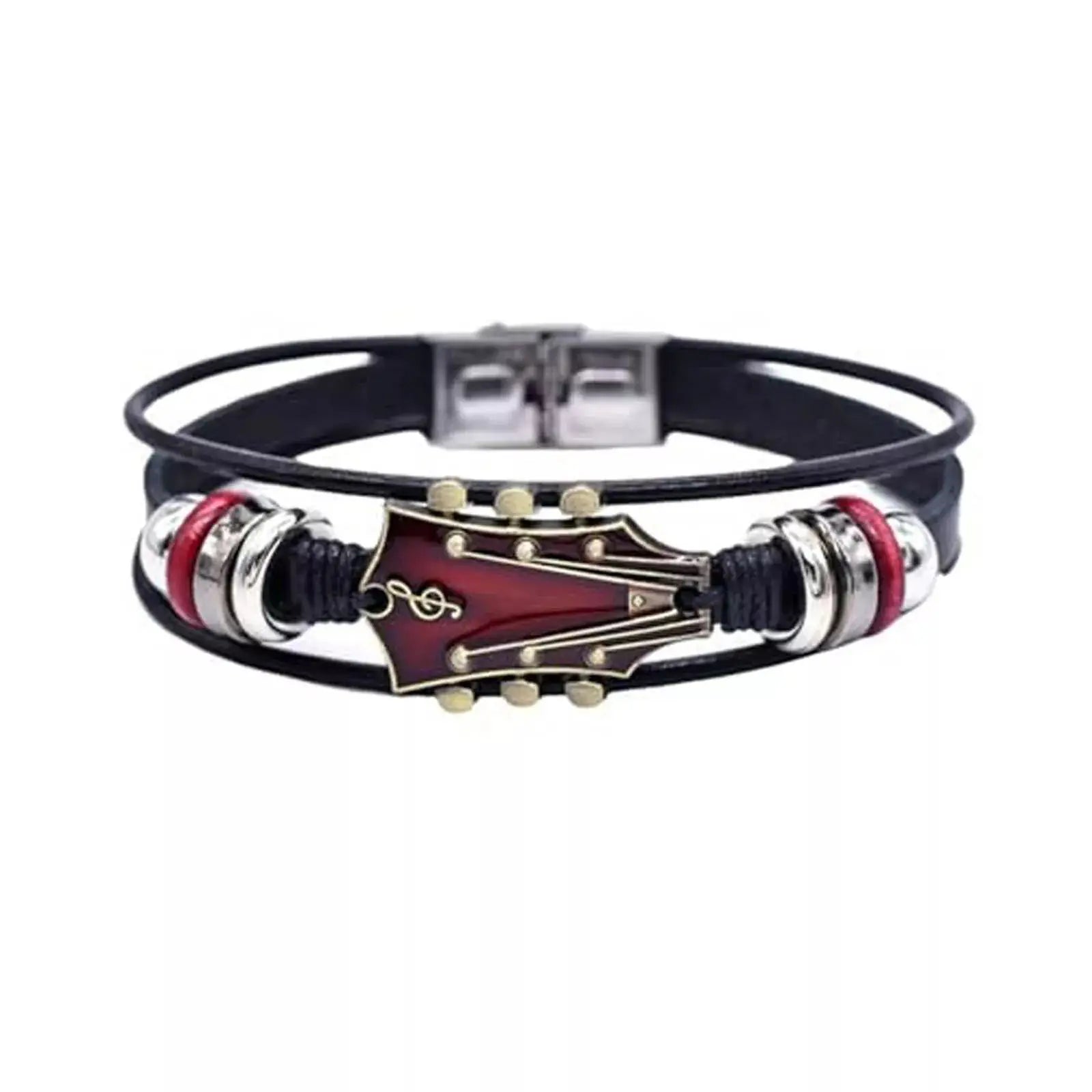 Schwarzes Vintage‑Lederarmband mit detailliertem Gitarren‑Charm im Punk‑Design