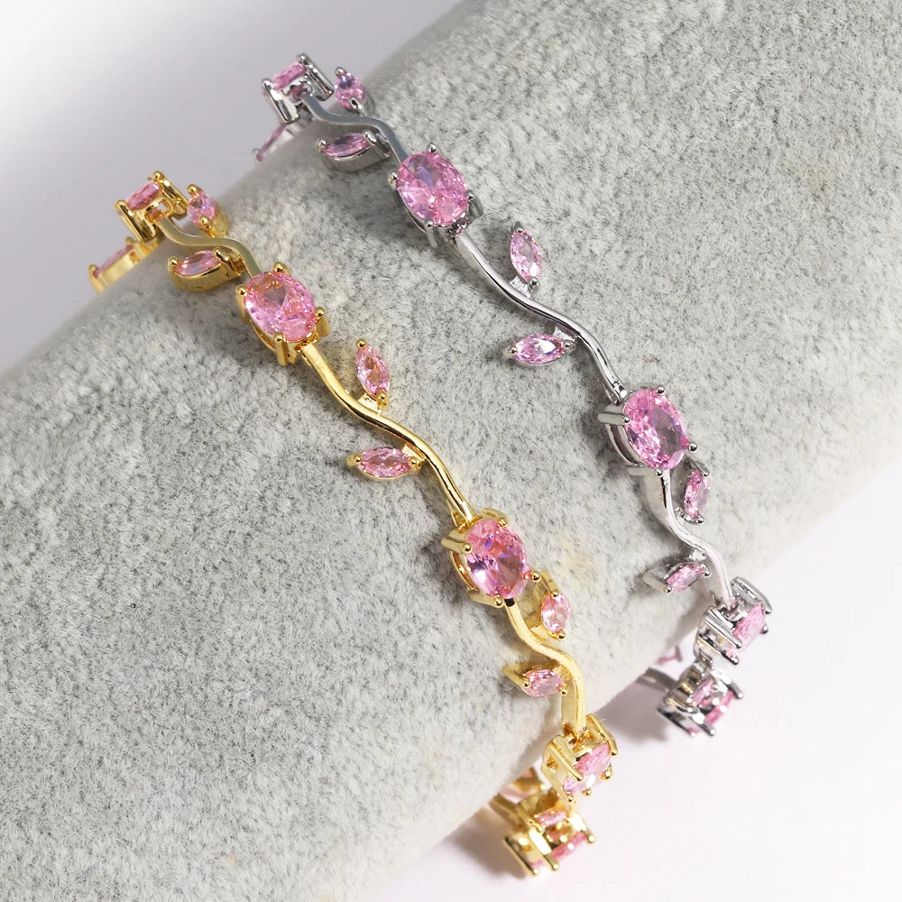 Zartes Armband mit tulpenrosa Zirkonia und filigranen Rankenblumen