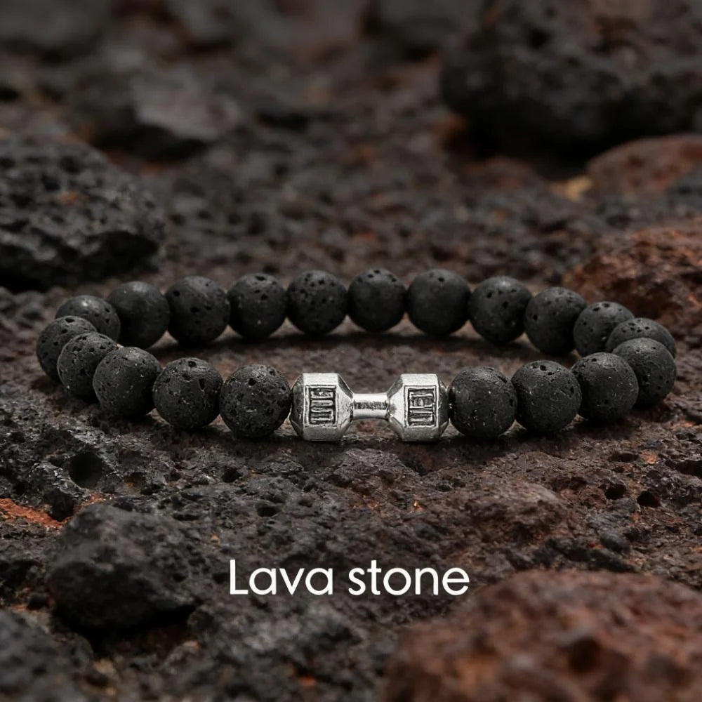 Lavastein-Armband mit Hantel-Anhänger – Fitness-Schmuck