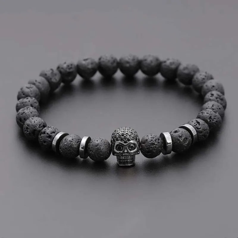 Totenkopf Hämatit Perlenarmband mit 8 mm Lava Stein für Herren