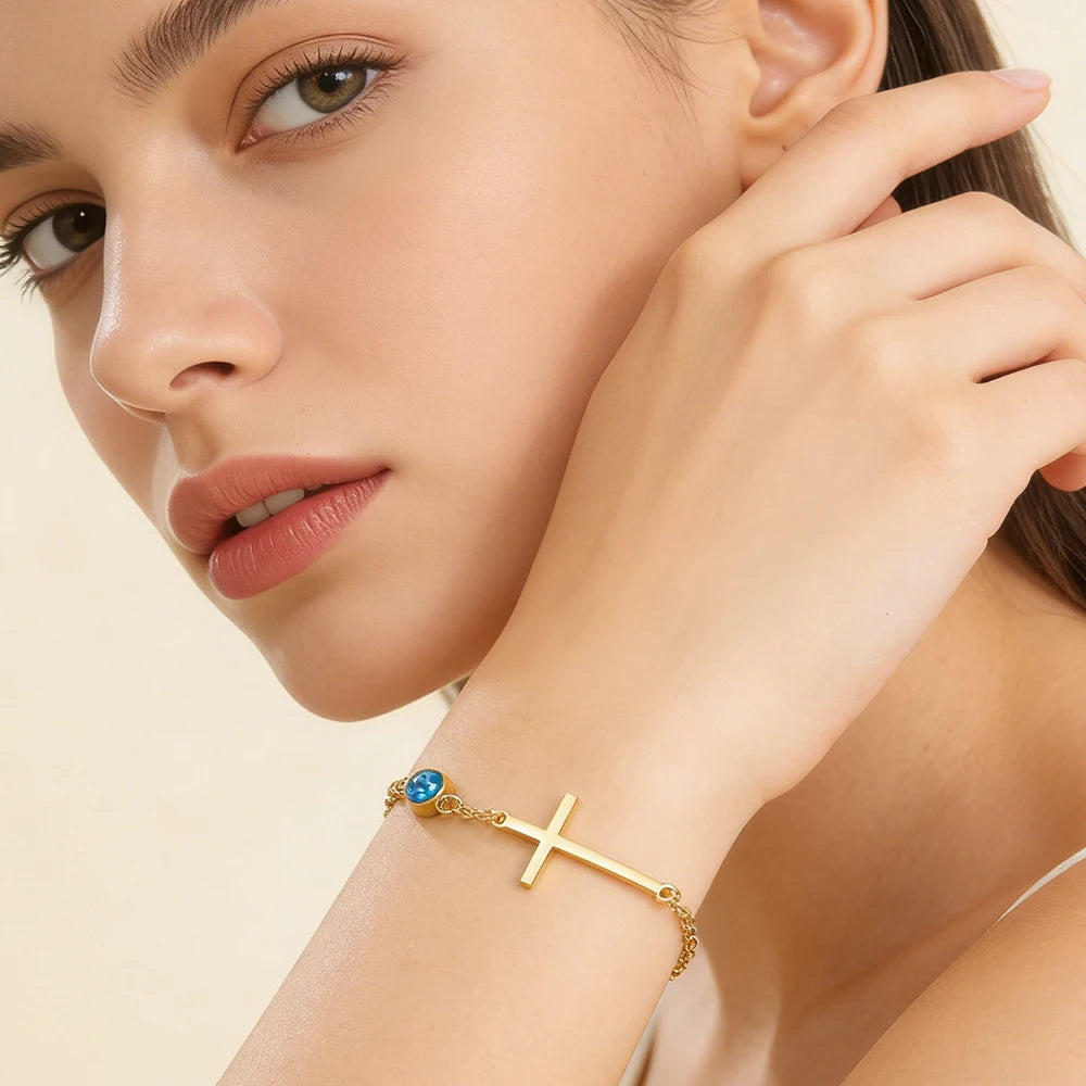 Zirkonia Kreuz‑Geburtsstein Armband, Dünne Edelstahl‑Handkette
