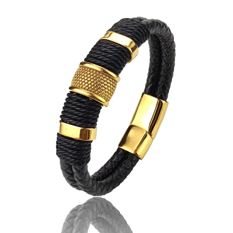 Braune Lederarmband mit Edelstahl‑Details, luxuriöses Accessoire