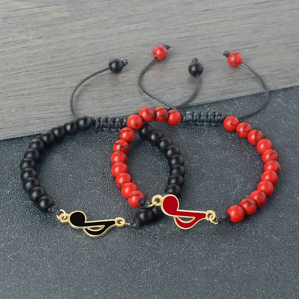Rot-Schwarzes Notenarmband, Geflochten, 6‑mm Perlen