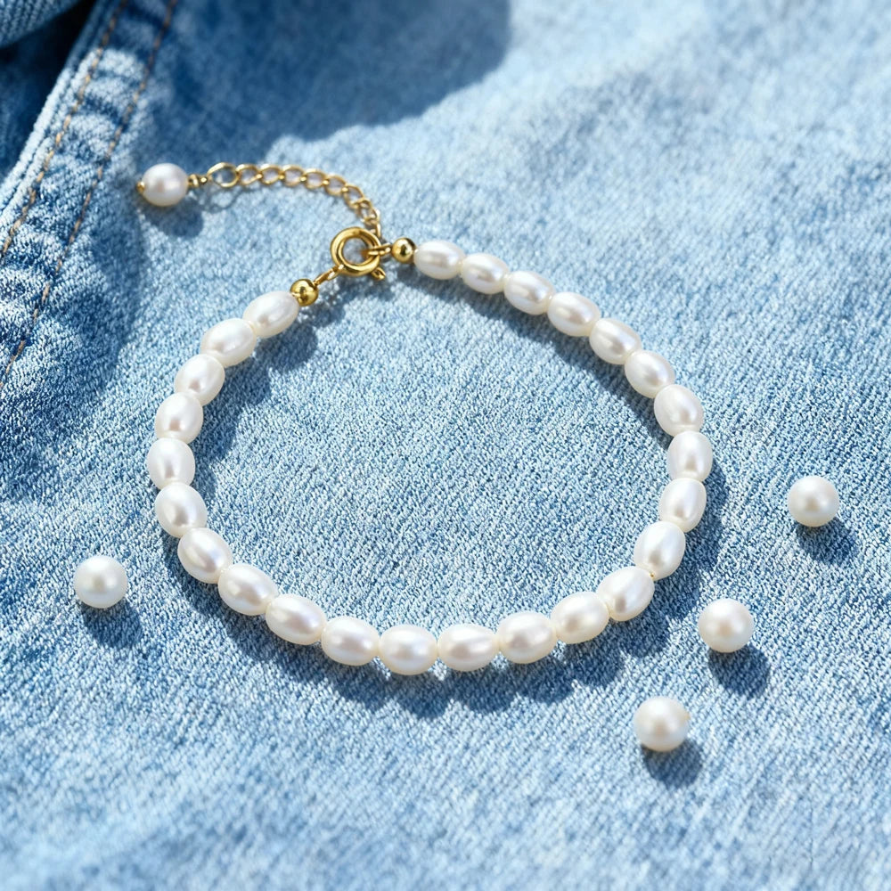 Reisförmiges Süßwasserperlen‑Armband mit Sterling‑Silberkette, 2026 Edition