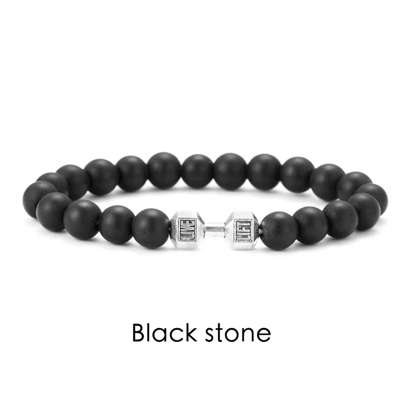Lavastein-Armband mit Hantel-Anhänger – Fitness-Schmuck