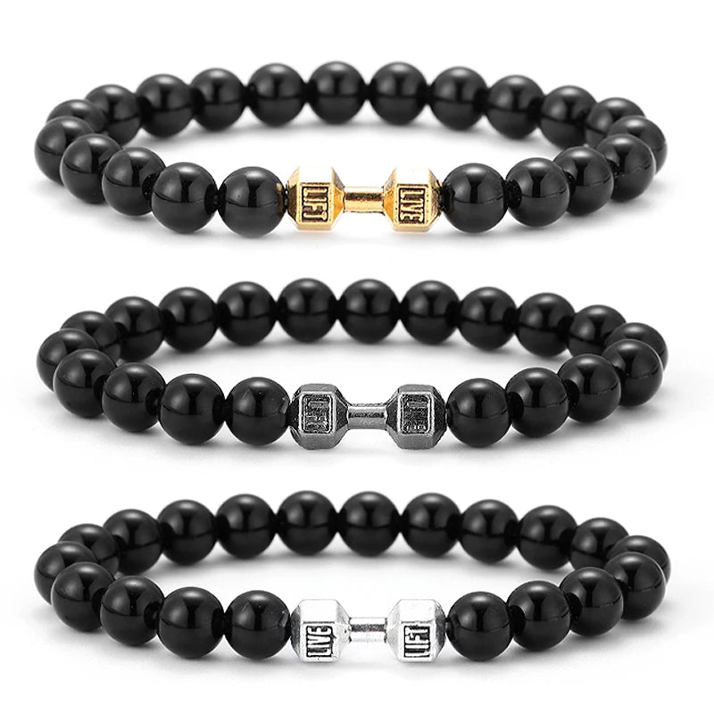 Lavastein-Armband mit Hantel-Anhänger – Fitness-Schmuck