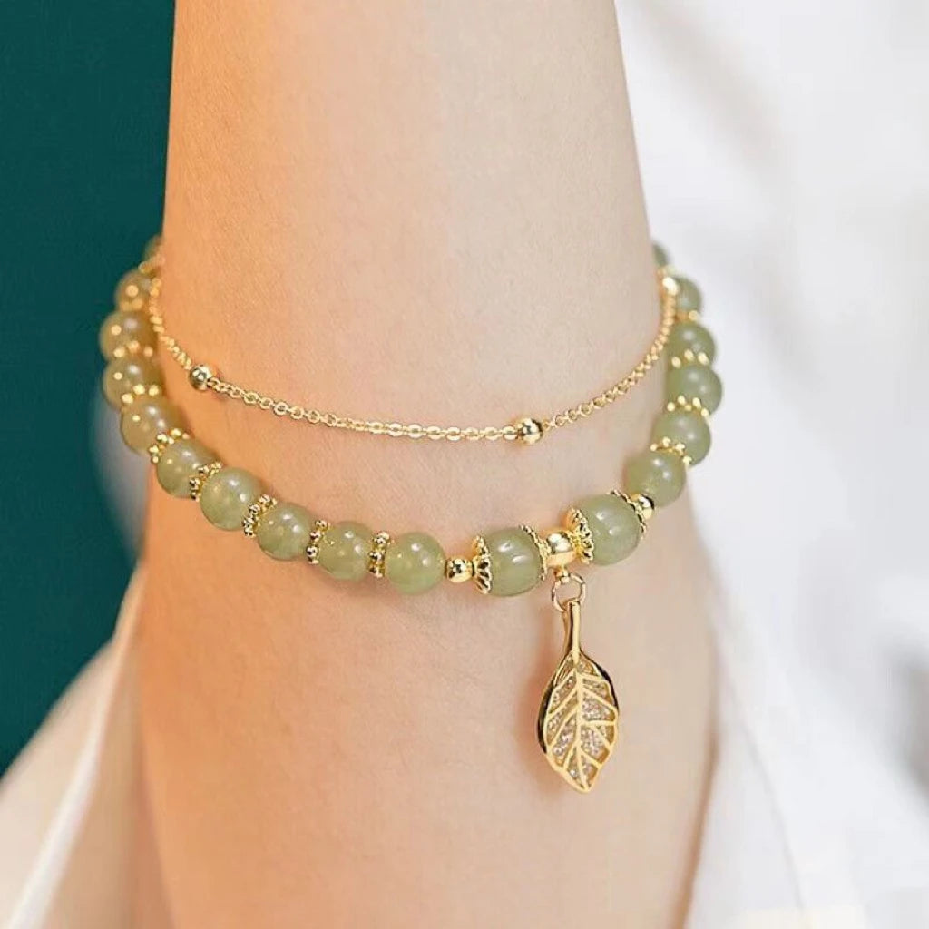 Doppellagiges Hetian-Jade-Armband in Gold, Feines Blattdesign für Frauen