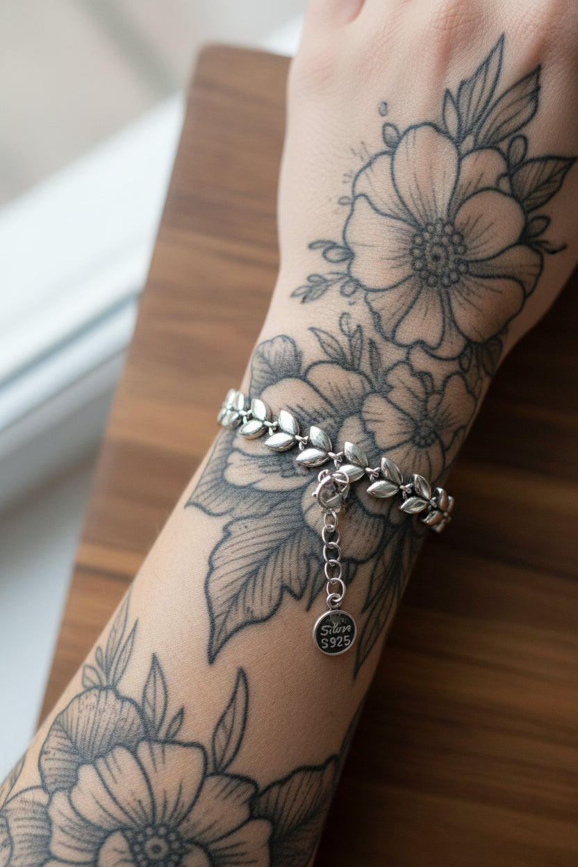 Retro‑Kettenarmband aus massivem Sterling Silber, mit Herz‑Char