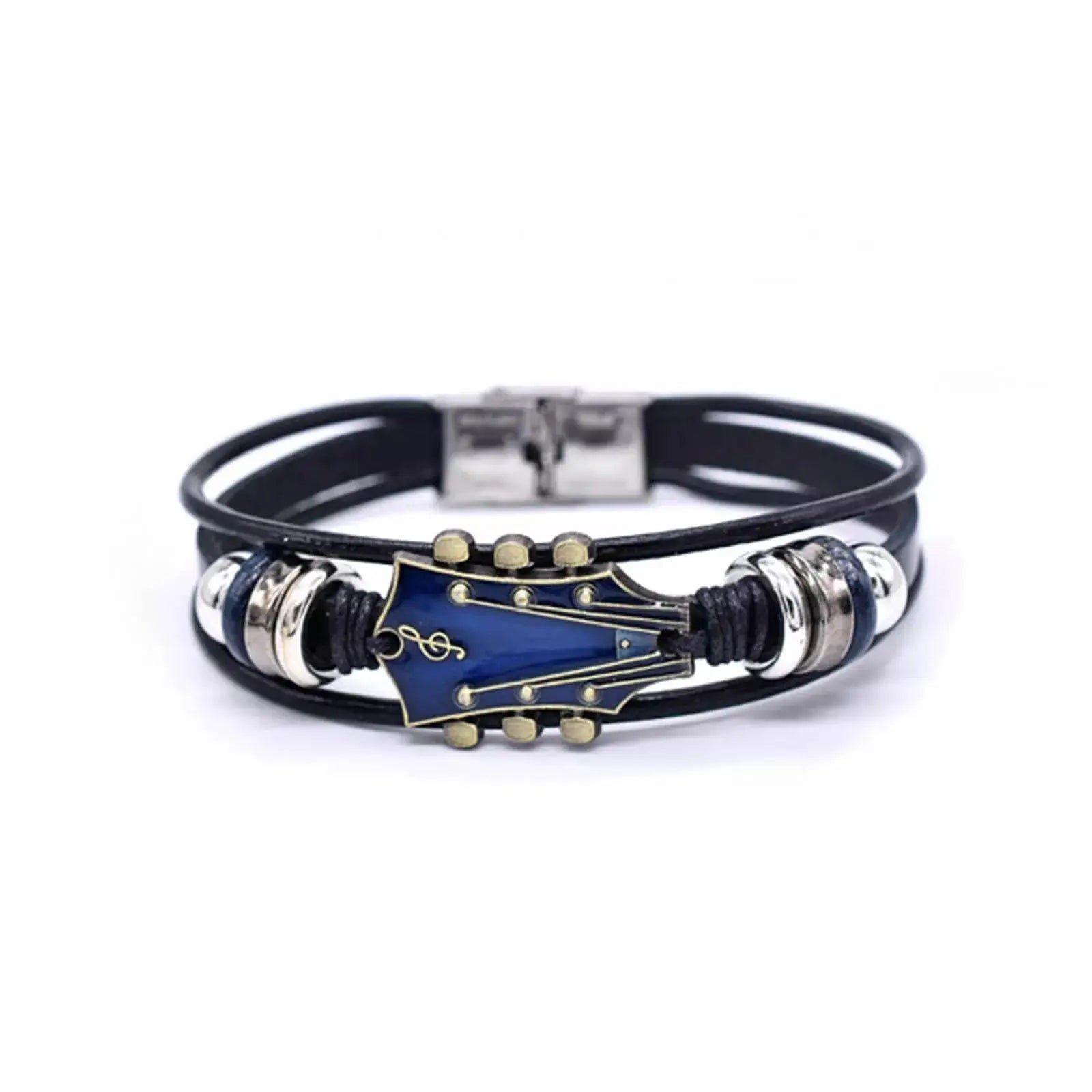 Schwarzes Vintage‑Lederarmband mit detailliertem Gitarren‑Charm im Punk‑Design