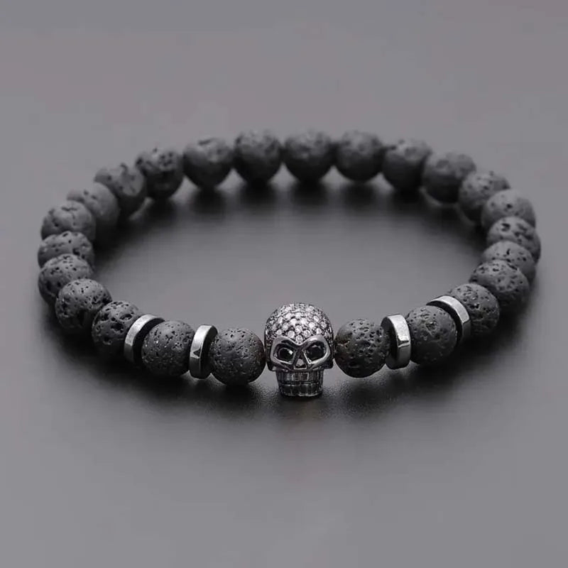 Totenkopf Hämatit Perlenarmband mit 8 mm Lava Stein für Herren