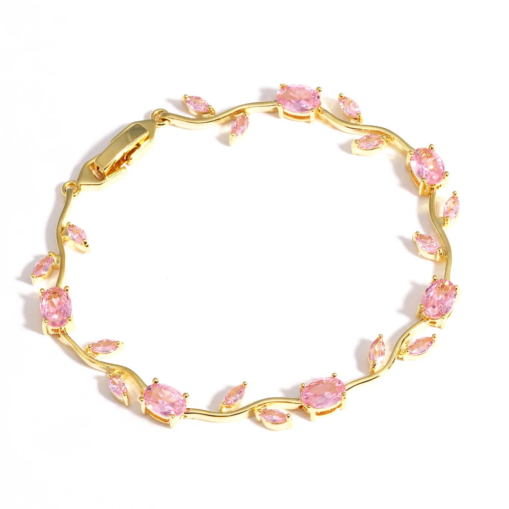 Zartes Armband mit tulpenrosa Zirkonia und filigranen Rankenblumen