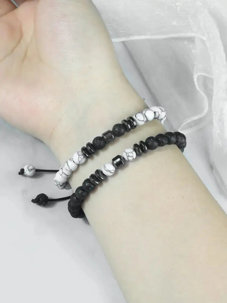 2-teiliges Naturstein-Armband-Set mit 6 mm Tigerauge- und Vulkanstein-Perlen
