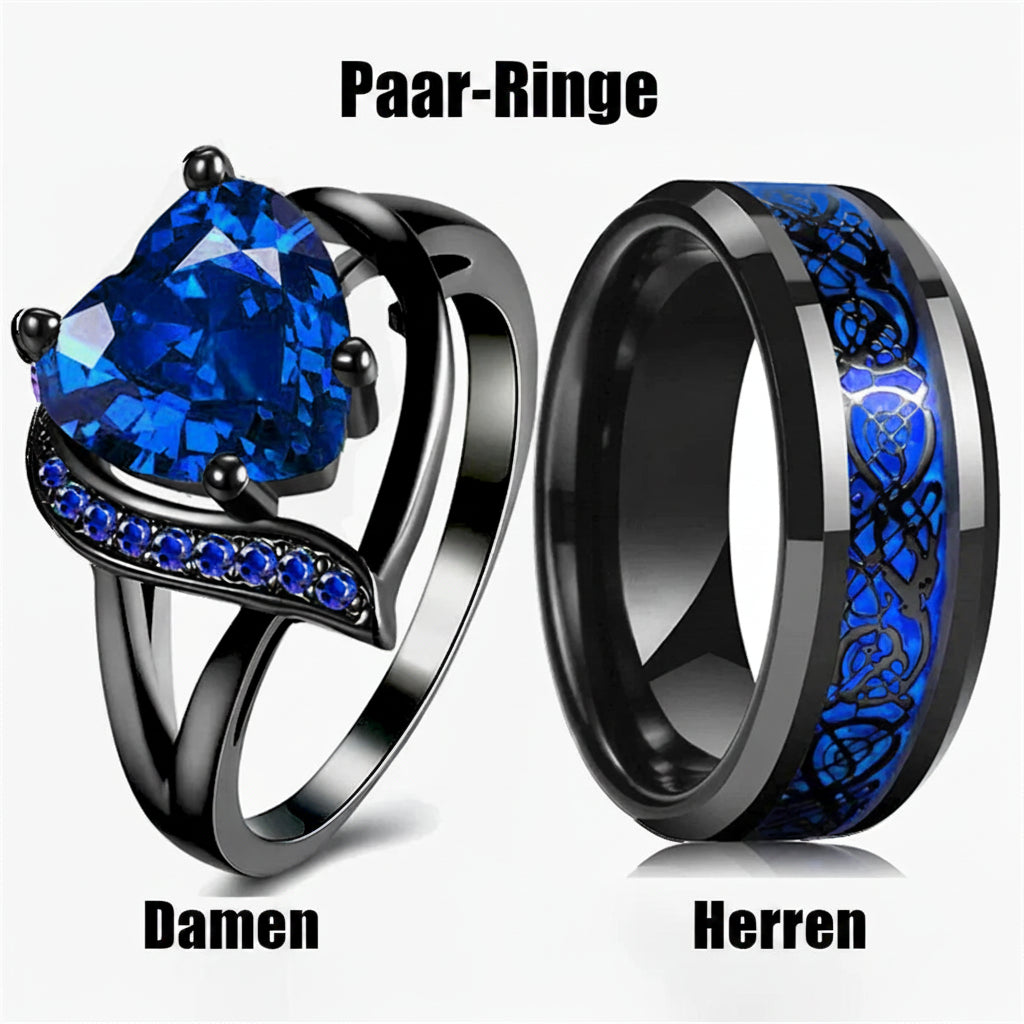 Modische Paarringe, elegant mit Herzmotiv und blauen Zirkon-Rhinestones