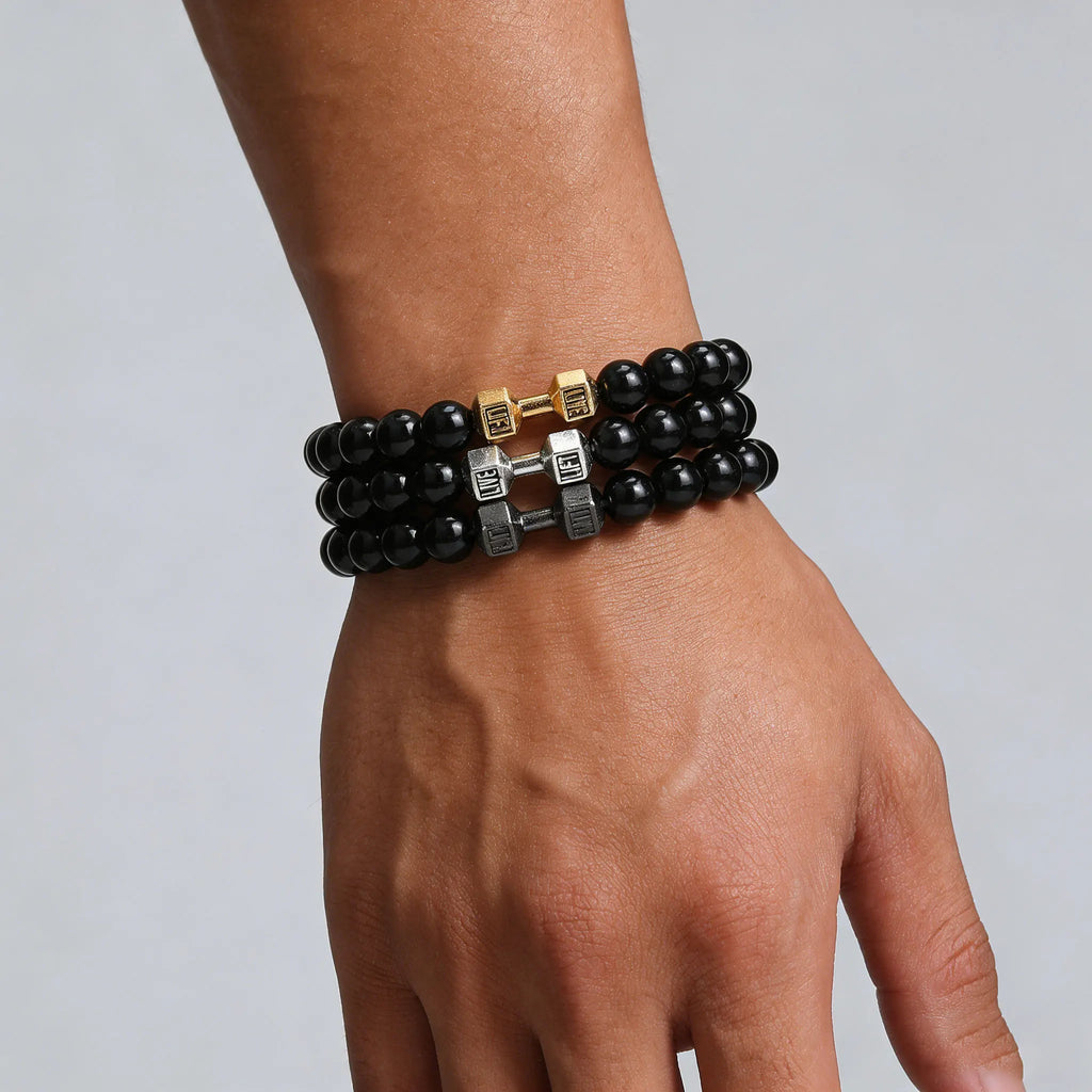 Lavastein-Armband mit Hantel-Anhänger – Fitness-Schmuck
