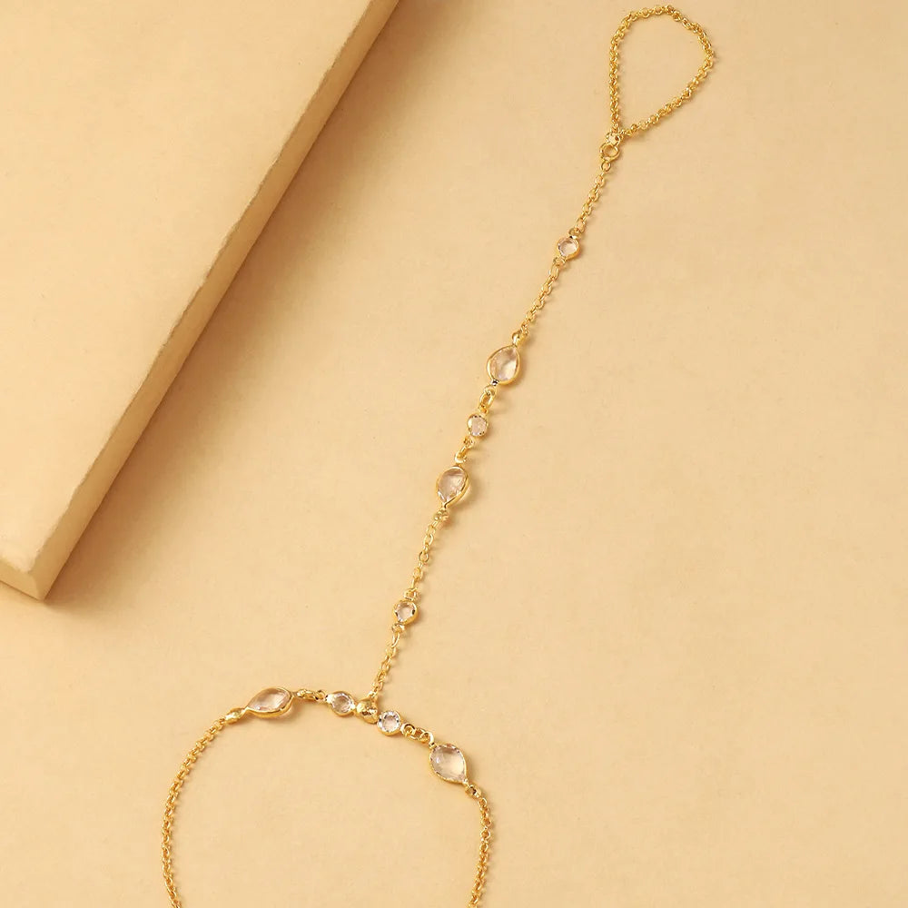 Goldfarbenes Edelstahl‑Handkettenarmband mit Waterdrop‑Strass und Link‑Ring‑Design