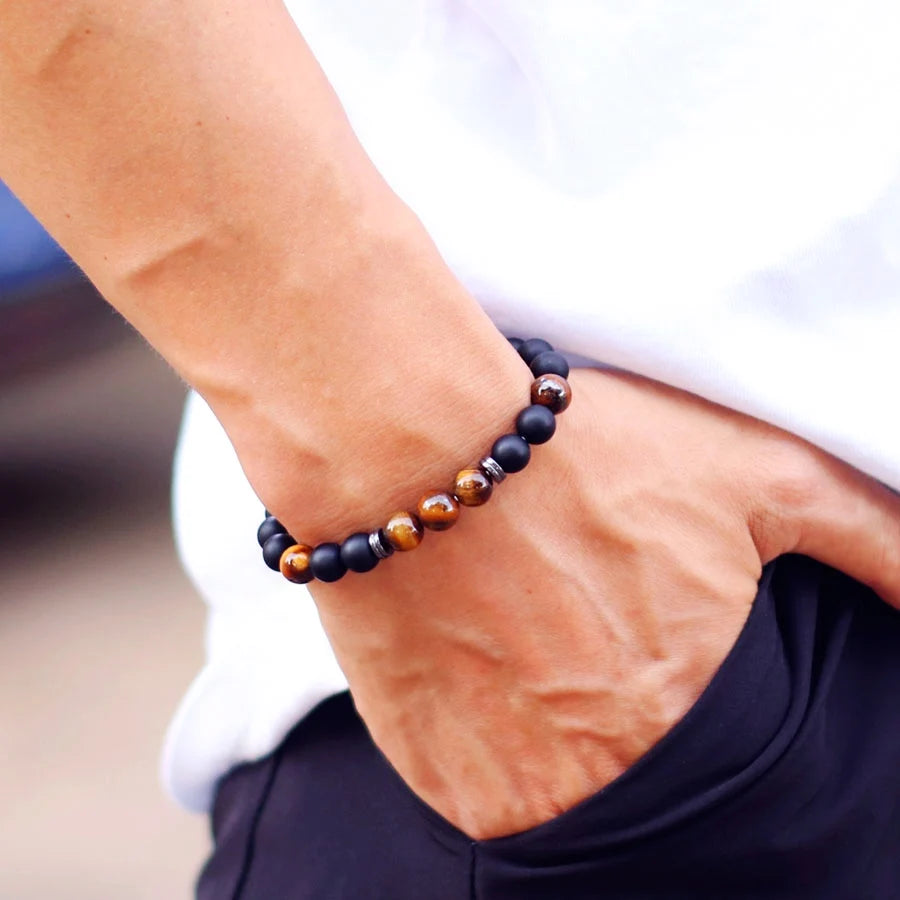 Herrenarmband mit 8 mm Onyx- und Tigerauge-Steinen
