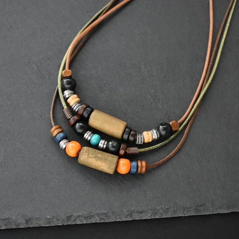Doppellagige Lederband-Halskette, Retro Holzpendant im handgefertigten Look