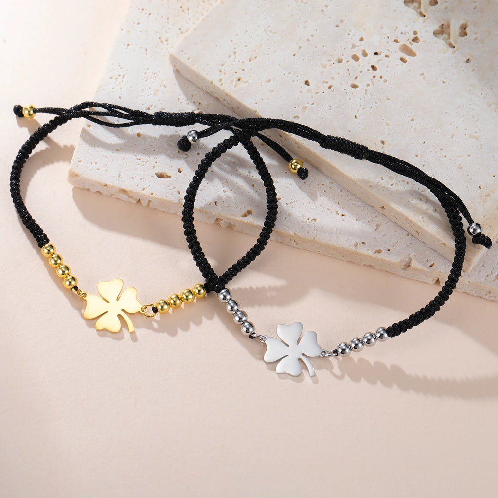 Verstellbares Kleeblatt‑Armband aus Rope‑Band und Edelstahl