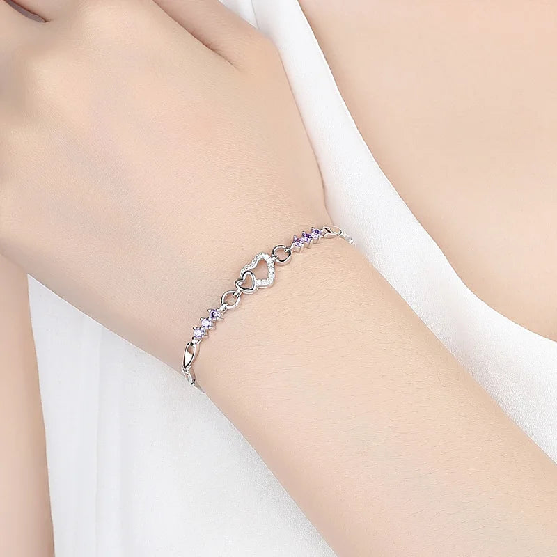 Damenarmband aus 925 Sterling-Silber mit violettem Herz-Zirkon