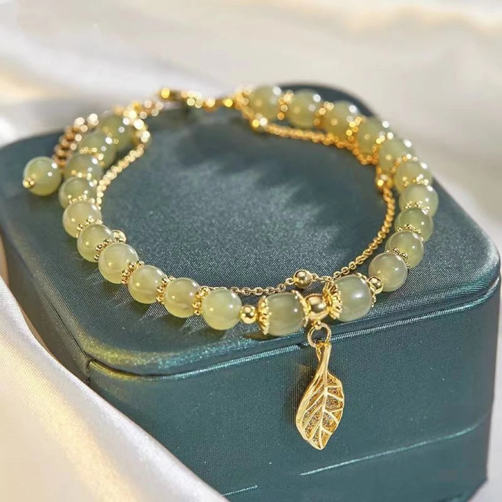 Doppellagiges Hetian-Jade-Armband in Gold, Feines Blattdesign für Frauen