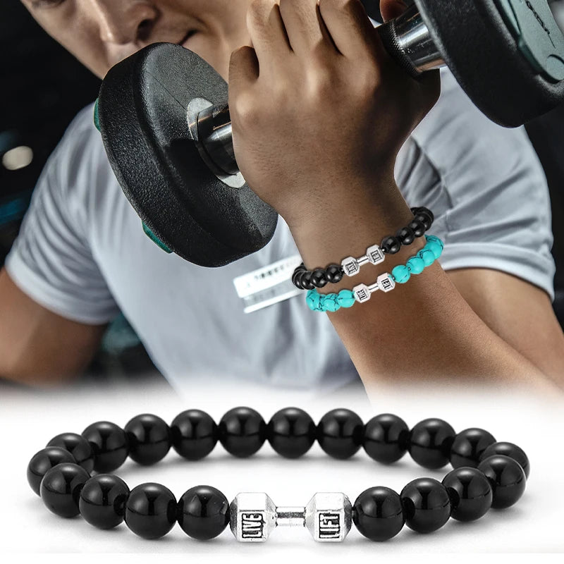 Lavastein-Armband mit Hantel-Anhänger – Fitness-Schmuck