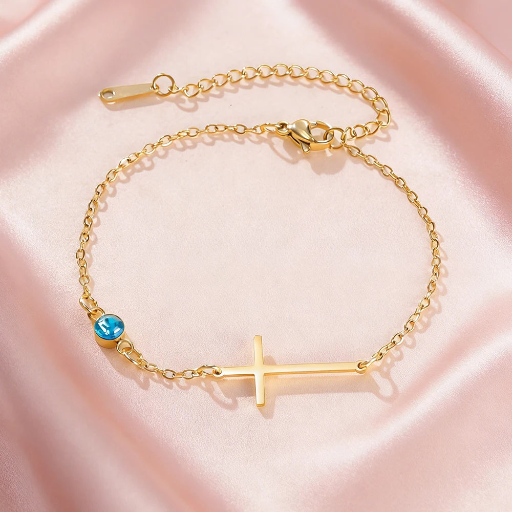 Zirkonia Kreuz‑Geburtsstein Armband, Dünne Edelstahl‑Handkette