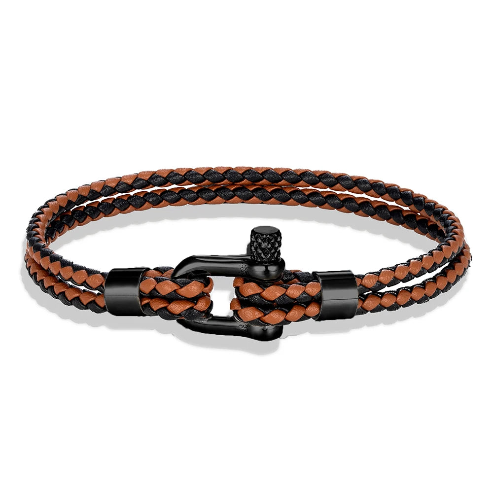 Maritimes Lederarmband – Schwarzer Edelstahlschäkel & doppellagiges blaues Leder