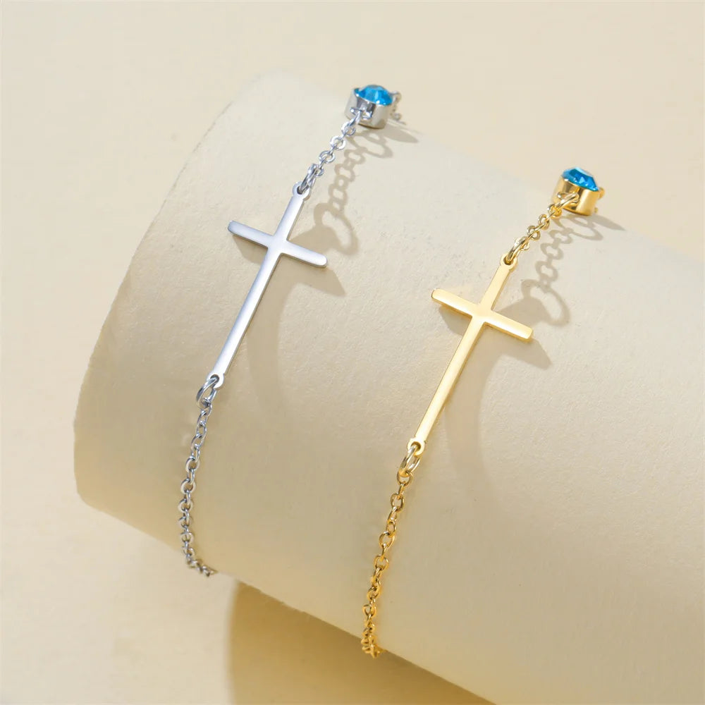 Zirkonia Kreuz‑Geburtsstein Armband, Dünne Edelstahl‑Handkette