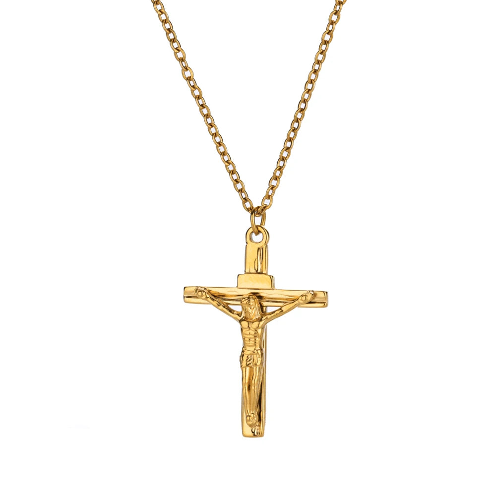 Goldfarbene Edelstahl‑Halskette mit Caravaca-Kreuz