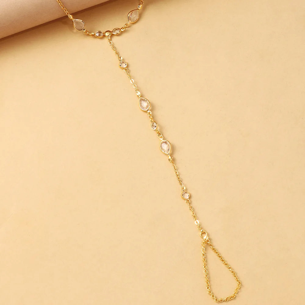 Goldfarbenes Edelstahl‑Handkettenarmband mit Waterdrop‑Strass und Link‑Ring‑Design