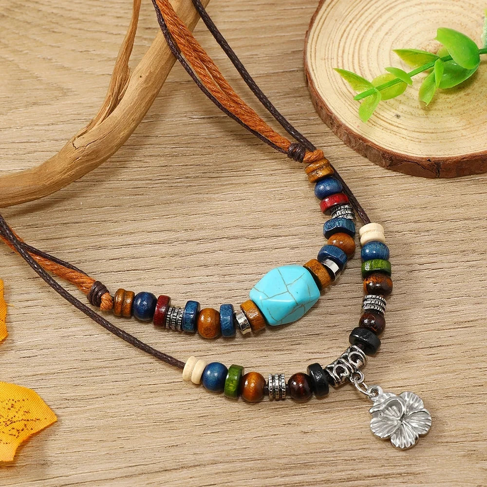 Doppellagige Lederband-Halskette, Retro Holzpendant im handgefertigten Look