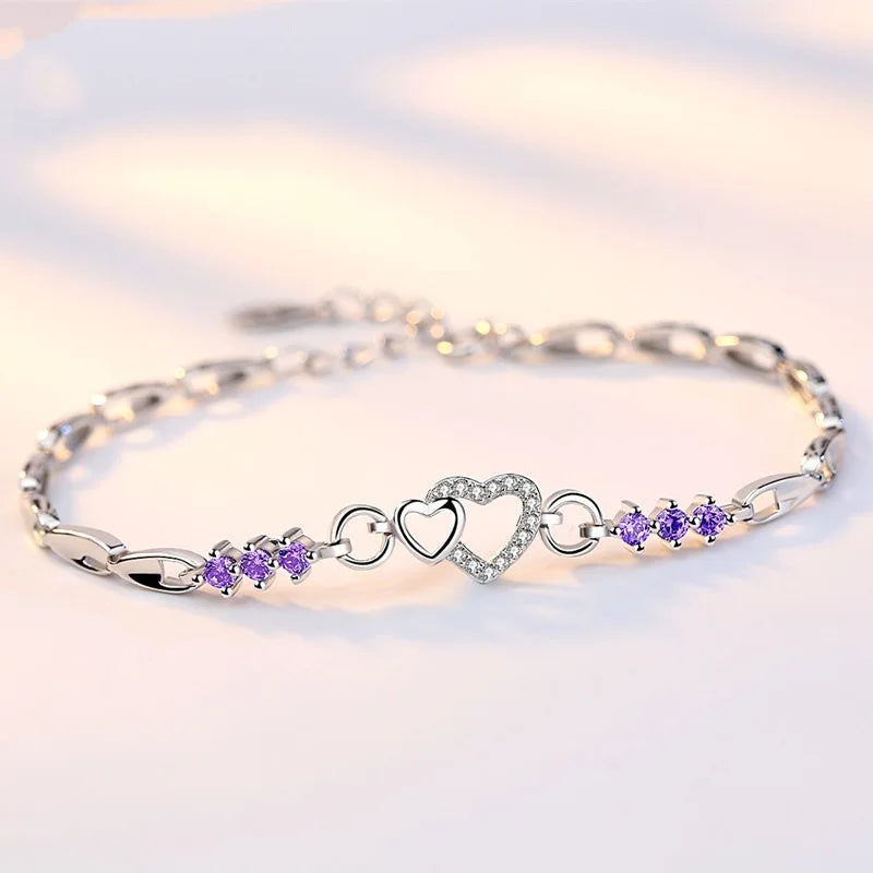 Damenarmband aus 925 Sterling-Silber mit violettem Herz-Zirkon