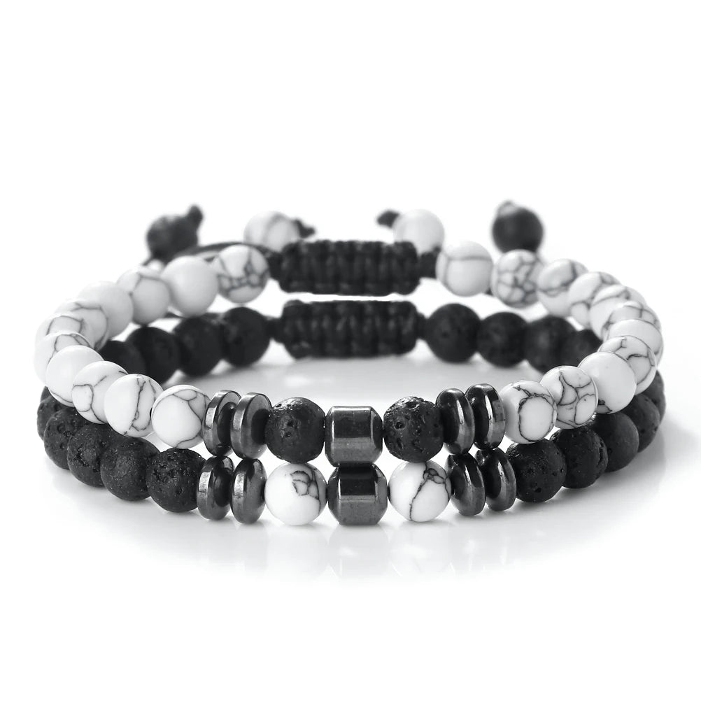 2-teiliges Naturstein-Armband-Set mit 6 mm Tigerauge- und Vulkanstein-Perlen