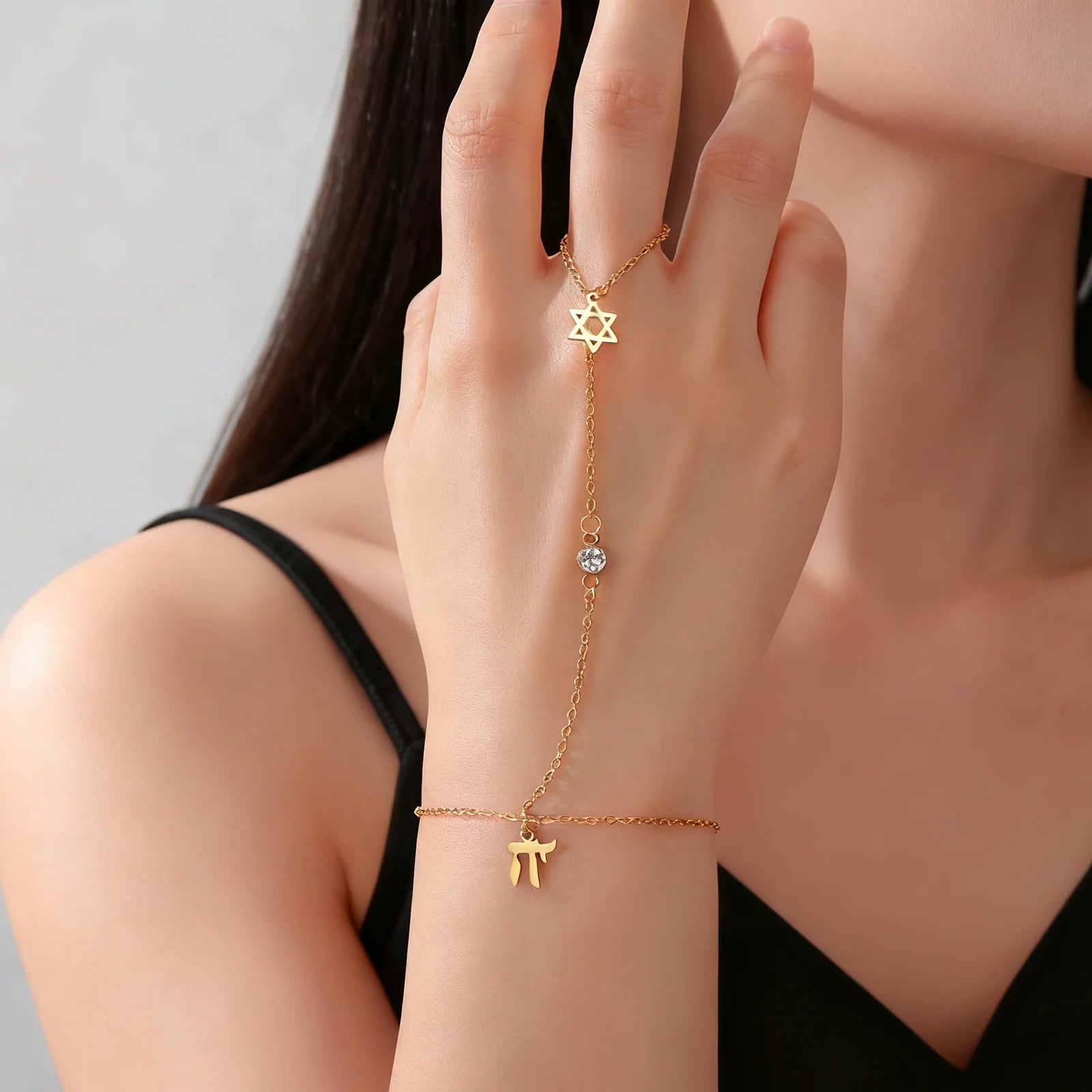 Finger-Armband mit Davidstern & Chai-Symbol für Damen