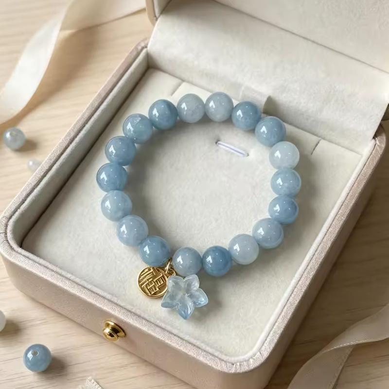 Aquamarin Natursteinarmband mit chinesischem Fu‑Charm